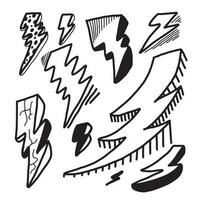 set di illustrazioni di schizzo di simbolo di fulmine elettrico doodle vettoriale disegnato a mano. icona di doodle di simbolo di tuono.