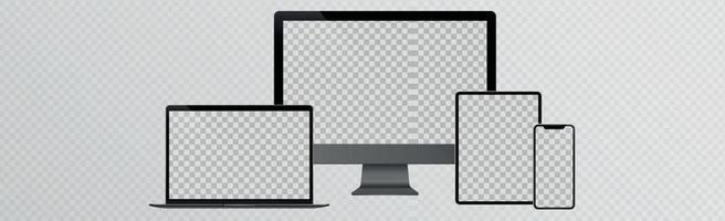 monitor pc, laptop, tablet, smartphone in nero, argento e bianco con riflessione - vettore realistico