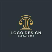 jx iniziale con scala di giustizia logo design modello, lusso legge e procuratore logo design idee vettore