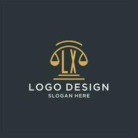 lx iniziale con scala di giustizia logo design modello, lusso legge e procuratore logo design idee vettore