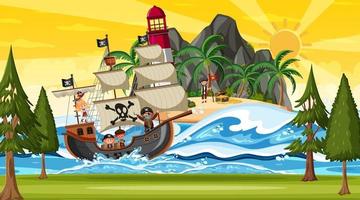isola con nave pirata alla scena del tramonto in stile cartone animato vettore