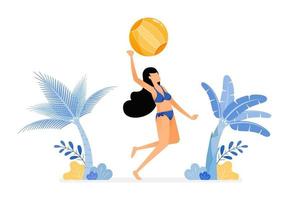 illustrazione di vacanza di donna in costume da bagno sexy che salta per schiacciare una palla da pallavolo sulla spiaggia, il concetto di design sportivo può essere per poster banner annunci siti web web marketing mobile vettore