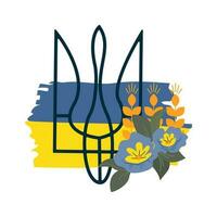 emblema di Ucraina su il sfondo di giallo e blu bandiera decorato con fiori su bianca sfondo, vettore illustrazione