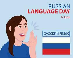 illustrazione vettore grafico di un' donna è parlando, mostrando russo bandiera, Perfetto per internazionale giorno, russo linguaggio giorno, celebrare, saluto carta, eccetera.