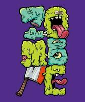 cartone animato illustrazione di il parola zombie con un ascia vettore