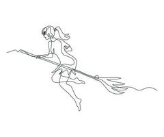 astratto giovane strega volante su un' scopa per il sabato continuo uno linea disegno vettore