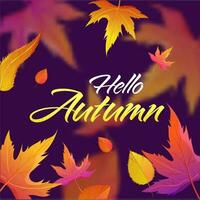 Ciao autunno font con pendenza le foglie decorato viola sfondo. vettore