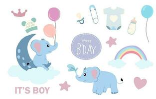 bambino elefante oggetto con stella, cuore, arcobaleno per compleanno cartolina vettore