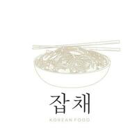 japchae coreano tagliatelle semplice linea arte cartone animato illustrazione logo vettore