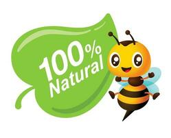 cartone animato miele ape accanto foglia icona con 100 per cento naturale formulazione per salutare Prodotto vettore illustrazione