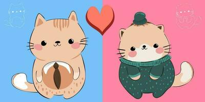carino gatto coppia amore personaggio con grande cuore per San Valentino giorno, mano disegnato illustrazioni, scarabocchio cartone animato gatto indossare smoking e maglia maglione, colorazione pastello vettore