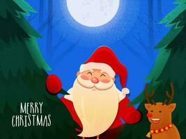 allegro Natale celebrazione saluto carta design con illustrazione di Santa claus, renna e natale albero su chiaro di luna sfondo. vettore