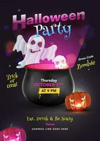 Halloween festa invito carta design con fantasma, cranio, calderone e spaventoso jack-o-lanterna su viola bokeh sfondo. vettore
