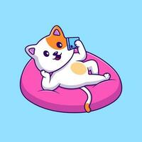 carino gatto dire bugie su cuscino con giocando Telefono cartone animato vettore icone illustrazione. piatto cartone animato concetto. adatto per qualunque creativo progetto.