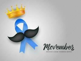 Movember bandiera o manifesto design con AIDS nastro, baffi e d'oro corona per prostata cancro consapevolezza mese concetto. vettore