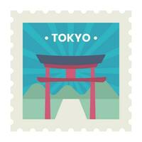 piatto stile torii cancello con raggi e montagna per tokyo francobollo o biglietto design. vettore