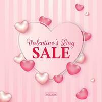 San Valentino giorno vendita testo nel cuore forma decorato con rosa lucido cuori su a strisce sfondo per pubblicità concetto. vettore
