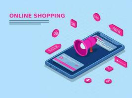 3d megafono e cliente e-shop servizio App nel smartphone con pagamento carta per in linea shopping o virale marketing concetto. vettore