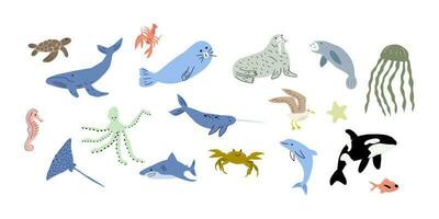 mare animali. carino acquatico pesce, tartaruga, balena, narvalo, delfino, polpo, stella marina, granchio, Medusa, foca e Altro. bambini vettore illustrazione.