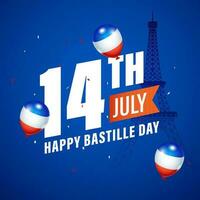 14 luglio, contento bastille giorno testo con Francia bandiera colore palloncini e eiffel Torre monumento su blu sfondo. vettore