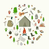 turismo, escursionismo, in viaggio. il utensili di il turista. tenda, fuoco da campo, utensili. cucinando. riposo nel natura nel il boschi, nel il montagne in giro il falò. carta geografica e tag . vettore