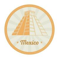 arancia e grigio Maya tempio con raggi nel cerchio sfondo per Messico viaggio francobollo o etichetta, etichetta design. vettore