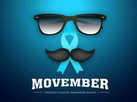 illustrazione di occhiali con AIDS nastro e baffi su blu a strisce sfondo per movember, prostata cancro consapevolezza mese concetto basato manifesto design. vettore