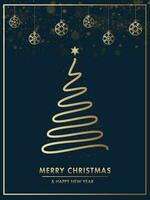 creativo natale albero fatto di spirale d'oro luccicante con fiocco di neve palline sospeso su blu sfondo per allegro Natale e contento nuovo anno modello design. vettore