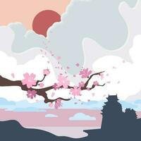 banner con fioritura orientale ciliegia ramo nel tradizionale giapponese sumi-e stile su Vintage ▾ sfondo. geroglifico sakura con nube e sole. vettore