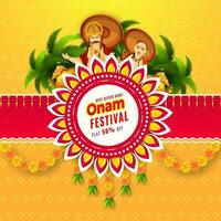 onam Festival vendita manifesto o modello design con sconto offerta, illustrazione di re mahabali e vamana su giallo e rosso sfondo decorato con fiore ghirlanda. vettore
