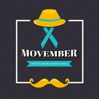 Movember prostata cancro consapevolezza mese concetto con illustrazione di fedora cappello, AIDS nastro e baffi su a strisce sfondo. può essere Usato come manifesto design. vettore