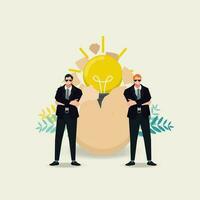 Due guardie ✔ con Cracked uovo e luminosa leggero lampadina dentro. proteggere il nuovo brillante idea, copia diritti concetto vettore illustrazione