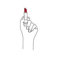 femmina mano Tenere rosso rossetto. linea arte disegno. cosmetici concetto. mano disegnato vettore illustrazione.