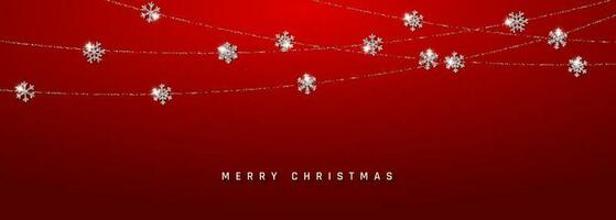 Natale o nuovo anno argento fiocco di neve decorazione ghirlanda su rosso sfondo. sospeso luccichio fiocco di neve. vettore illustrazione