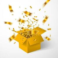Aperto giallo regalo scatola e oro coriandoli. Natale sfondo. vettore illustrazione