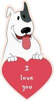 contento cartone animato Toro terrier cane è Tenere un' cuore con testo io amore voi. carino cane nel amore etichetta. isolato su bianca. mano disegnato vettore arte