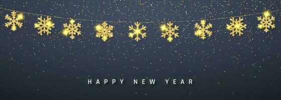 nuovo anno splendente luccichio raggiante d'oro fiocco di neve decorazione ghirlanda su buio sfondo. sospeso luccichio fiocco di neve. vettore illustrazione
