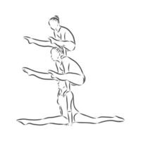 acrobatico, equilibrio, performance, concetto di cooperazione. acrobati disegnati a mano che si esibiscono sullo schizzo del concetto di scena. illustrazione vettoriale isolato, acrobazie, illustrazione di schizzo vettoriale