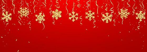 Natale o nuovo anno d'oro fiocco di neve decorazione ghirlanda su rosso sfondo. sospeso luccichio fiocco di neve. vettore illustrazione