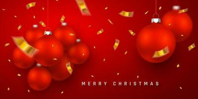 allegro Natale o nuovo anno saluto carta. vacanza sfondo con realistico rosso Natale palle e oro coriandoli. vettore illustrazione