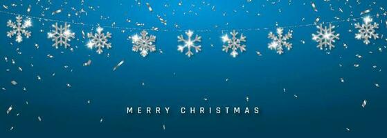 Natale o nuovo anno argento fiocco di neve decorazione ghirlanda con coriandoli su blu sfondo. sospeso luccichio fiocco di neve. vettore illustrazione
