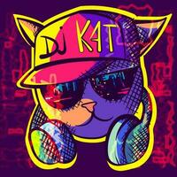 neon dj gatto con un' anca luppolo cappello, occhiali da sole e cuffia. freddo e impaurito felino personaggio con Audio attrezzatura. scarabocchio digitale arte con luminosa colori. vettore