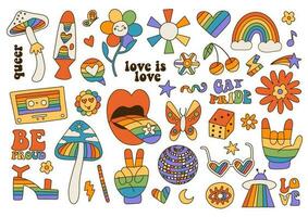 grande impostato di arcobaleno multicolore LGBTQ elementi nel 70s carino retrò mano disegnato stile. omosessualità diritti orgoglio mese parata decorazione adesivi collezione. Vintage ▾ lineare vettore illustrazione.