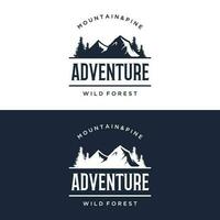 pino albero, sempreverde e montagna Vintage ▾ logo design.logo per avventuriero, campeggio, natura, distintivo e attività commerciale. vettore