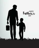 saluto carta con contento Il padre di giorno scritta. padre e figlio andato su per un' camminare insieme. silhouette di padre e figlio. padre e figlio nel natura durante tramonto. contento Il padre di giorno celebrazione idee vettore