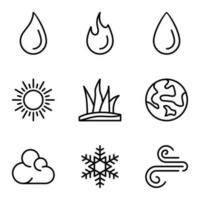 impostato di natura linea icone. ecologia icona, nube, terra, fulmine, icona impostare, acqua, ecologia, natura, foglia, fuoco e sole vettore
