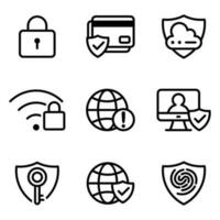 impostato di sicurezza icone vettore. sicurezza e protezione linea icone, impronta digitale, scudo, lucchetto icona vettore