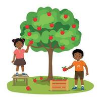 contento poco africano bambini ragazzo e ragazza raccolta mele frutta a partire dal il albero nel il frutteto giardino vettore