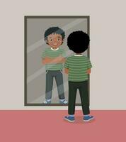 contento poco africano ragazzo in piedi nel davanti di specchio guardare il suo riflessione con braccio attraversato posa vettore
