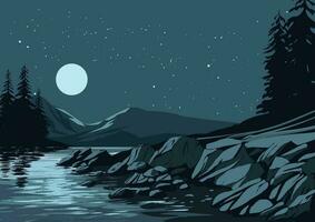 bellissimo calma notte al di sopra di fiume con rocce, alberi e montagna vettore